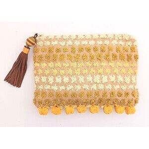 NEW Sam Edelman Straw Clutch Lg Leather Tassel Zip Pull 11X8 Yellow/Tan